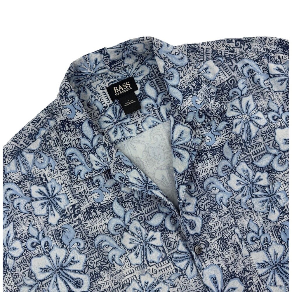 GH Bass Silk Hawaiian Shirt Mens L Blue Floral Camp Aloha Resort